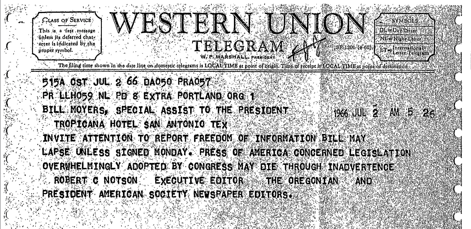 Letter from the Oregonian urging LBJ to pass FOIA 